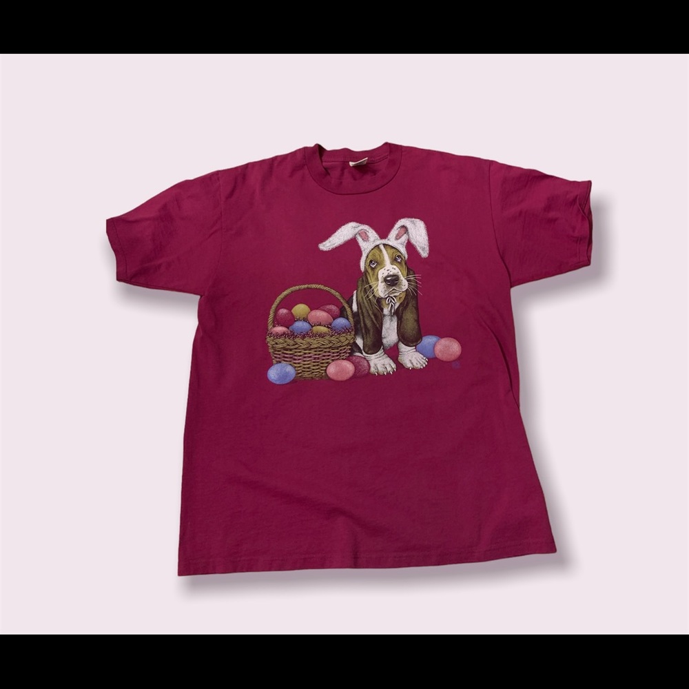Vintage SS 90s Bassett Hound Easter Basket Bunny Ears t-shirt Sz. XL